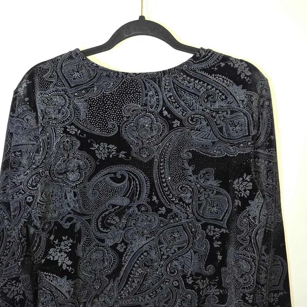 White Stag Black Paisley Velvet Long Sleeve Stretch Top Party Shimmer Size L
